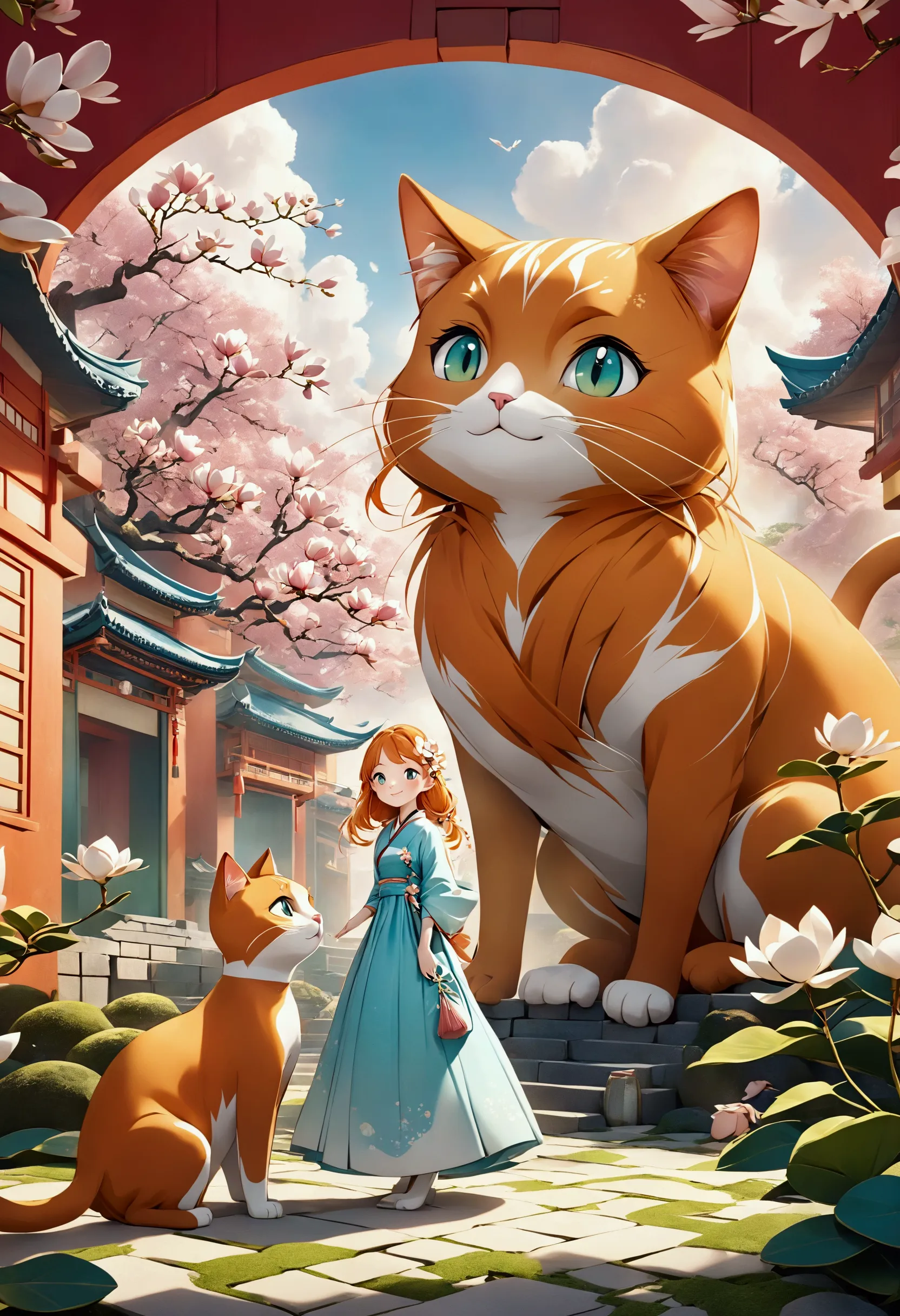 a giant orange cat，with long tail，whimsical surreal 3d rendering, thick hair, located in an ancient, well-designed buildings. th...