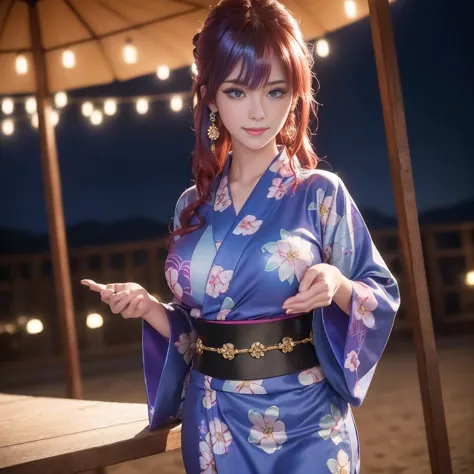 (((highest quality)), (super detailed), 1 girl, (iridescent hair, colorful hair, red hair: 1.2), 17 years old, (sexy yukata: 1.2...