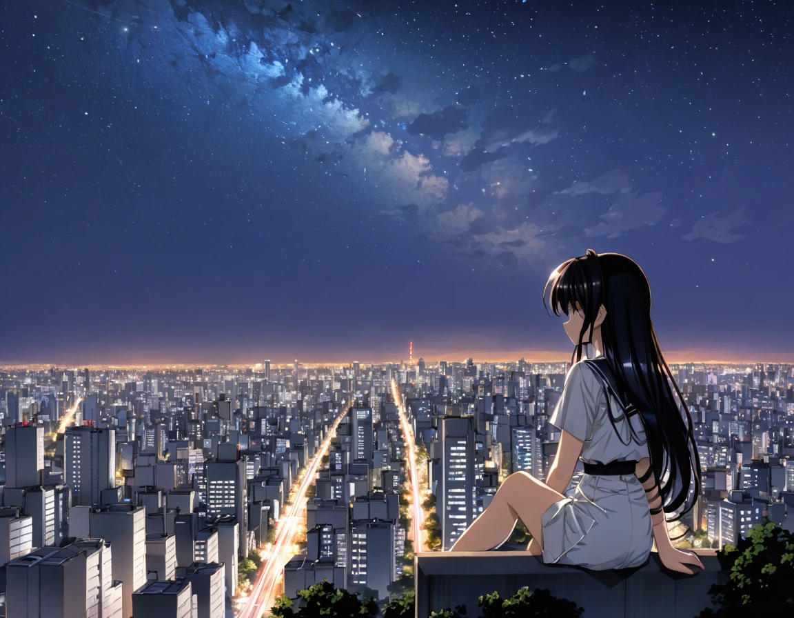 octans, sky, star (sky), scenery, starry sky, night, 1girl, night sky, solo, outdoors, building, cloud, milky way, sitting, tree, long hair, city, silhouette, cityscape,City from a distance, tokyo, city billboard, 1 milky way in the sky,20歳
