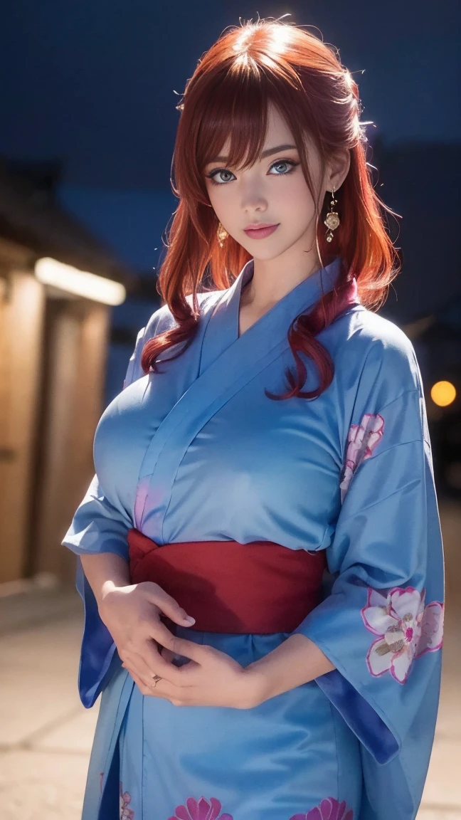 (((highest quality)), (super detailed), 1 girl, (iridescent hair, colorful hair, red hair: 1.2), 17 years old, (sexy yukata: 1.2), outdoor, bangs, smile, sky blue eyes, perfect hands, perfect hands, hand details, corrected fingers. Earrings, Night Store + Background, looking_at_viewer, Top Quality, Rich Detail, Perfect Image Quality, big breasts, slender body, Cowboy Shot, (masterpiece), masterpiece, super detail, high details, highres, 16k