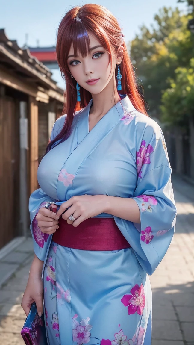 (((highest quality)), (super detailed), 1 girl, (iridescent hair, colorful hair, red hair: 1.2), 17 years old, (sexy yukata: 1.2), outdoor, bangs, smile, sky blue eyes, perfect hands, perfect hands, hand details, corrected fingers. Earrings, Night Store + Background, looking_at_viewer, Top Quality, Rich Detail, Perfect Image Quality, big breasts, slender body, Cowboy Shot, (masterpiece), masterpiece, super detail, high details, highres, 16k