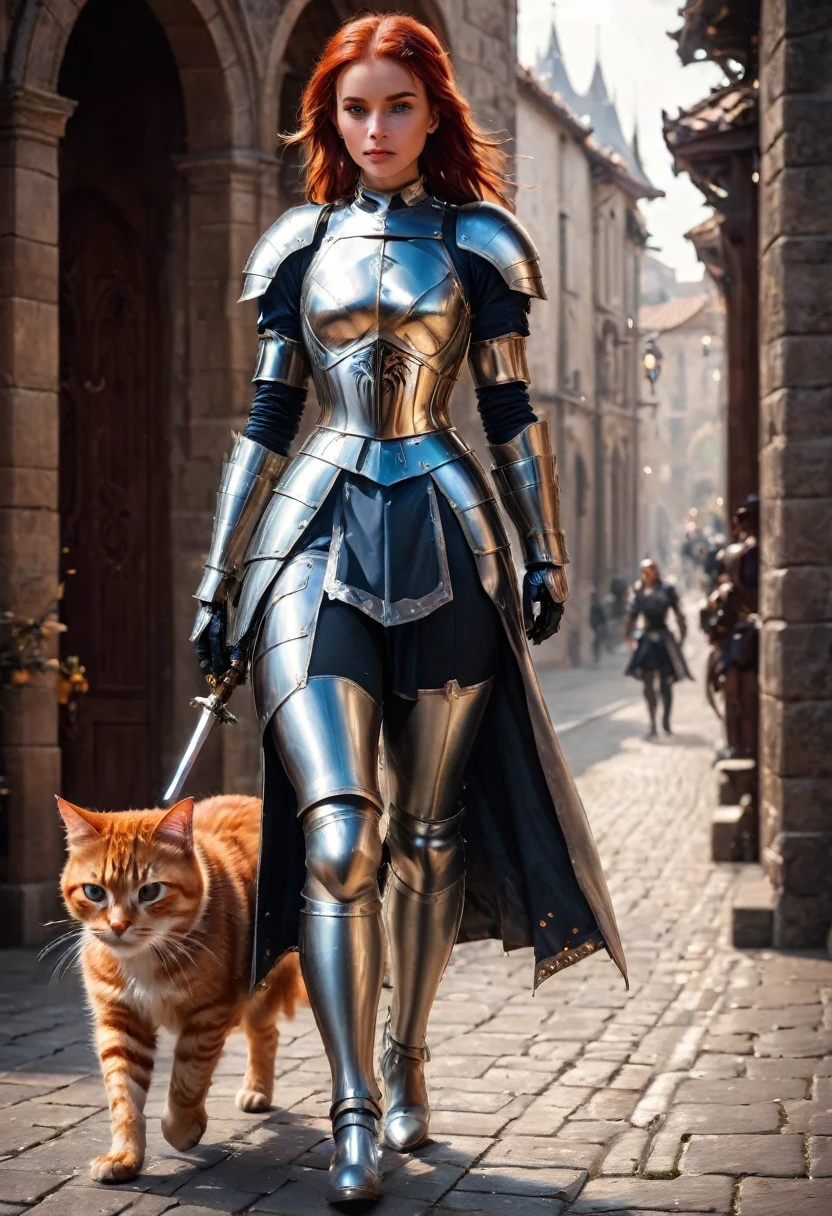 arafed a picture of knight with her epic sized cat walking near her in  fantasy street, an ((epic sized cat)), armored for battle, dynamic color cat BREAK a human knight, full body, ((anatomically correct: 1.5)  walking near him, female knight, red hair, long hair, hair in a pony tail, wearing knight's armor, decorated armor,  high heeled boots,  Hyperrealism style, vibrant, Ultra-high resolution, High Contrast, (masterpiece:1.5), highest quality, Best aesthetics), best details, best quality, highres, ultra wide angle, 16k, [ultra detailed], masterpiece, best quality, (extremely detailed) RAW, ArmoredDress, Amber cat eyes