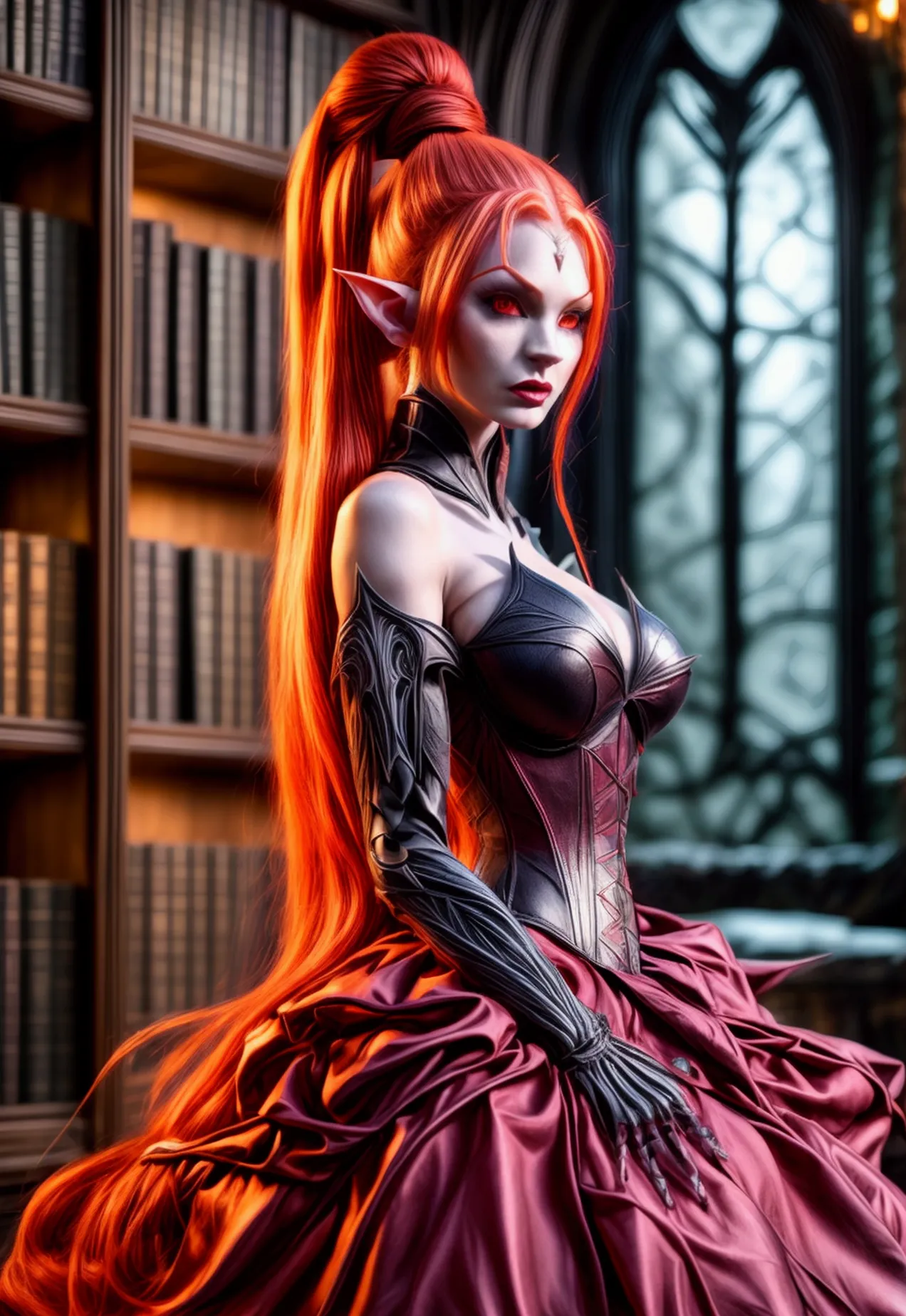 arafed a picture of elf vampire in her castle. an exquisite beautiful female elf vampire (ultra details, masterpiece, best quali...