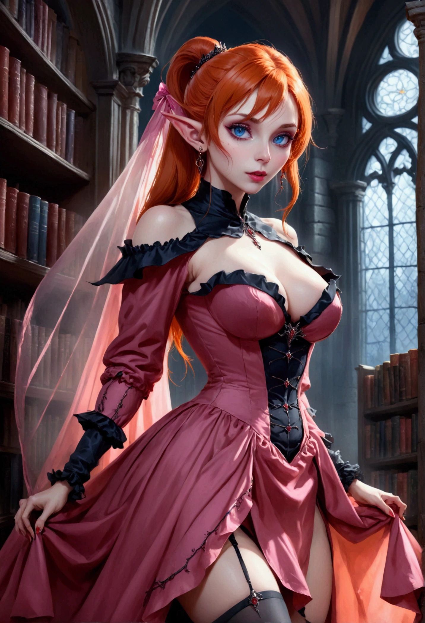 arafed a picture of elf vampire in her castle. an exquisite beautiful, busty, female elf vampire (ultra details, Masterpiece, best quality), full body, ((anatomically correct: 1.5) bloody mouth, orange hair, pale skin, hair in a ponytail, long hair, blue eyes, (small pointed ears: 1.2), cold eyes, smirking, wearing pink dress (ultra details, Masterpiece, best quality), red cloak, wearing high heels, in dark fantasy library, book shelves, vibrant, Ultra-high resolution, High Contrast, (masterpiece:1.5), highest quality, Best aesthetics), best details, best quality, highres, ultra wide angle, 16k, [ultra detailed], masterpiece, best quality, (extremely detailed) RAW, dark fantasy art, gothic art, wearing Haute_Couture designer dress, Dark Novel, Dark Art Painting Style, dripping blood, hud_s1n, short black dress, long sleeves, veil, thighhighs, digital painting, Bloodborne