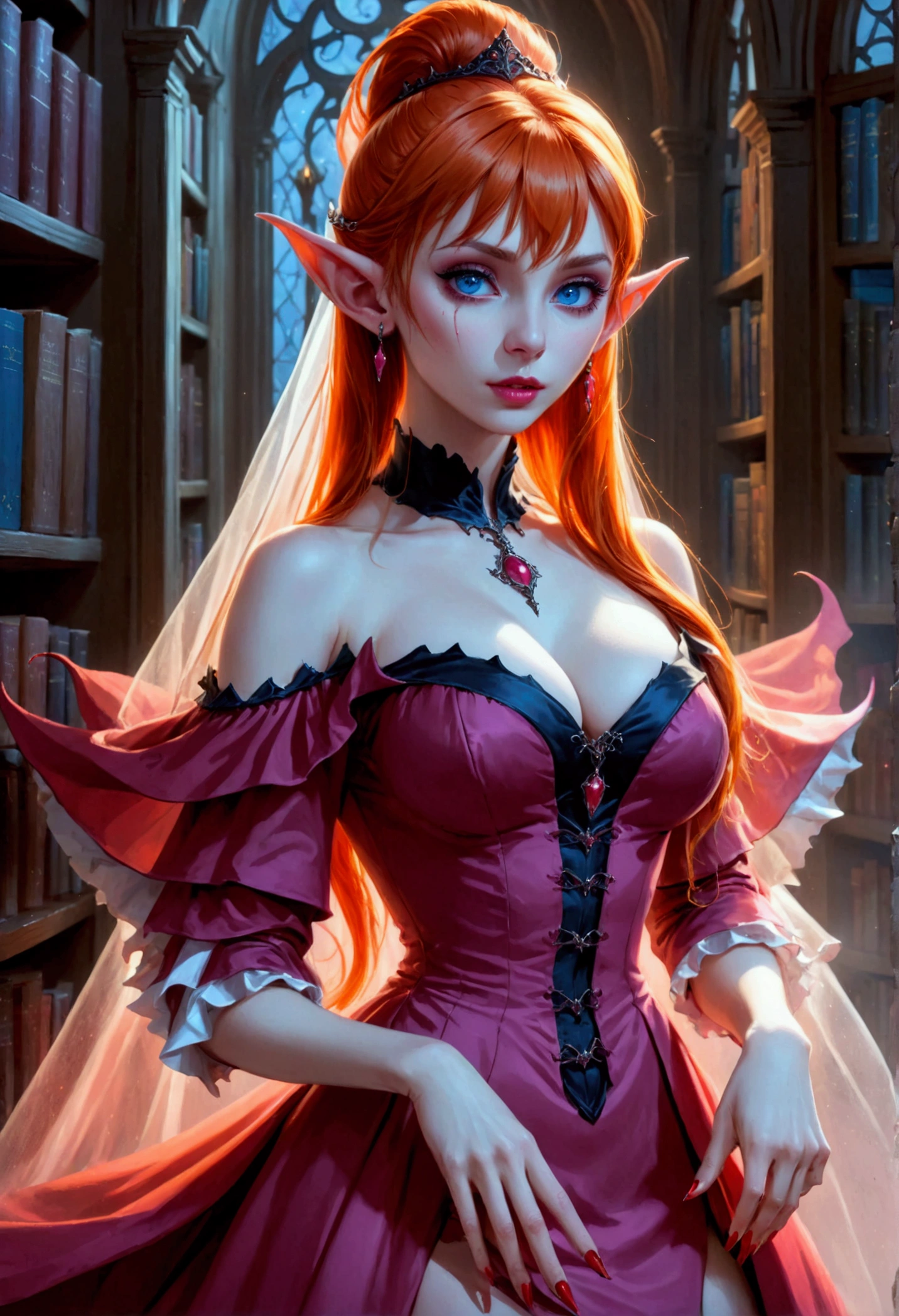 arafed a picture of elf vampire in her castle. an exquisite beautiful, busty, female elf vampire (ultra details, Masterpiece, best quality), full body, ((anatomically correct: 1.5) bloody mouth, orange hair, pale skin, hair in a ponytail, long hair, blue eyes, (small pointed ears: 1.2), cold eyes, smirking, wearing pink dress (ultra details, Masterpiece, best quality), red cloak, wearing high heels, in dark fantasy library, book shelves, vibrant, Ultra-high resolution, High Contrast, (masterpiece:1.5), highest quality, Best aesthetics), best details, best quality, highres, ultra wide angle, 16k, [ultra detailed], masterpiece, best quality, (extremely detailed) RAW, dark fantasy art, gothic art, wearing Haute_Couture designer dress, Dark Novel, Dark Art Painting Style, dripping blood, hud_s1n, short black dress, long sleeves, veil, thighhighs, digital painting, Bloodborne