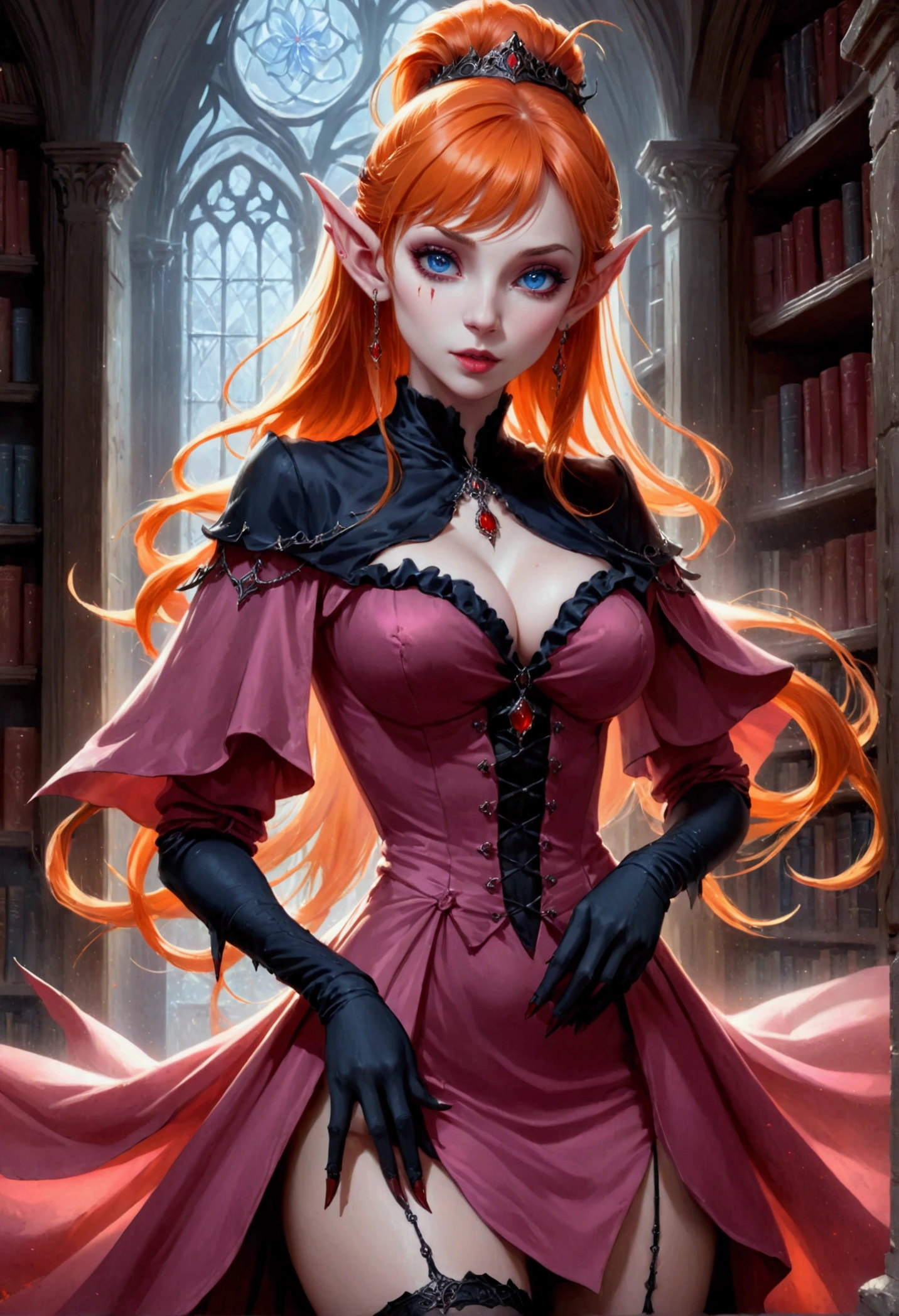 arafed a picture of elf vampire in her castle. an exquisite beautiful, busty, female elf vampire (ultra details, Masterpiece, best quality), full body, ((anatomically correct: 1.5) bloody mouth, orange hair, pale skin, hair in a ponytail, long hair, blue eyes, (small pointed ears: 1.2), cold eyes, smirking, wearing pink dress (ultra details, Masterpiece, best quality), red cloak, wearing high heels, in dark fantasy library, book shelves, vibrant, Ultra-high resolution, High Contrast, (masterpiece:1.5), highest quality, Best aesthetics), best details, best quality, highres, ultra wide angle, 16k, [ultra detailed], masterpiece, best quality, (extremely detailed) RAW, dark fantasy art, gothic art, wearing Haute_Couture designer dress, Dark Novel, Dark Art Painting Style, dripping blood, hud_s1n, short black dress, long sleeves, veil, thighhighs, digital painting, Bloodborne