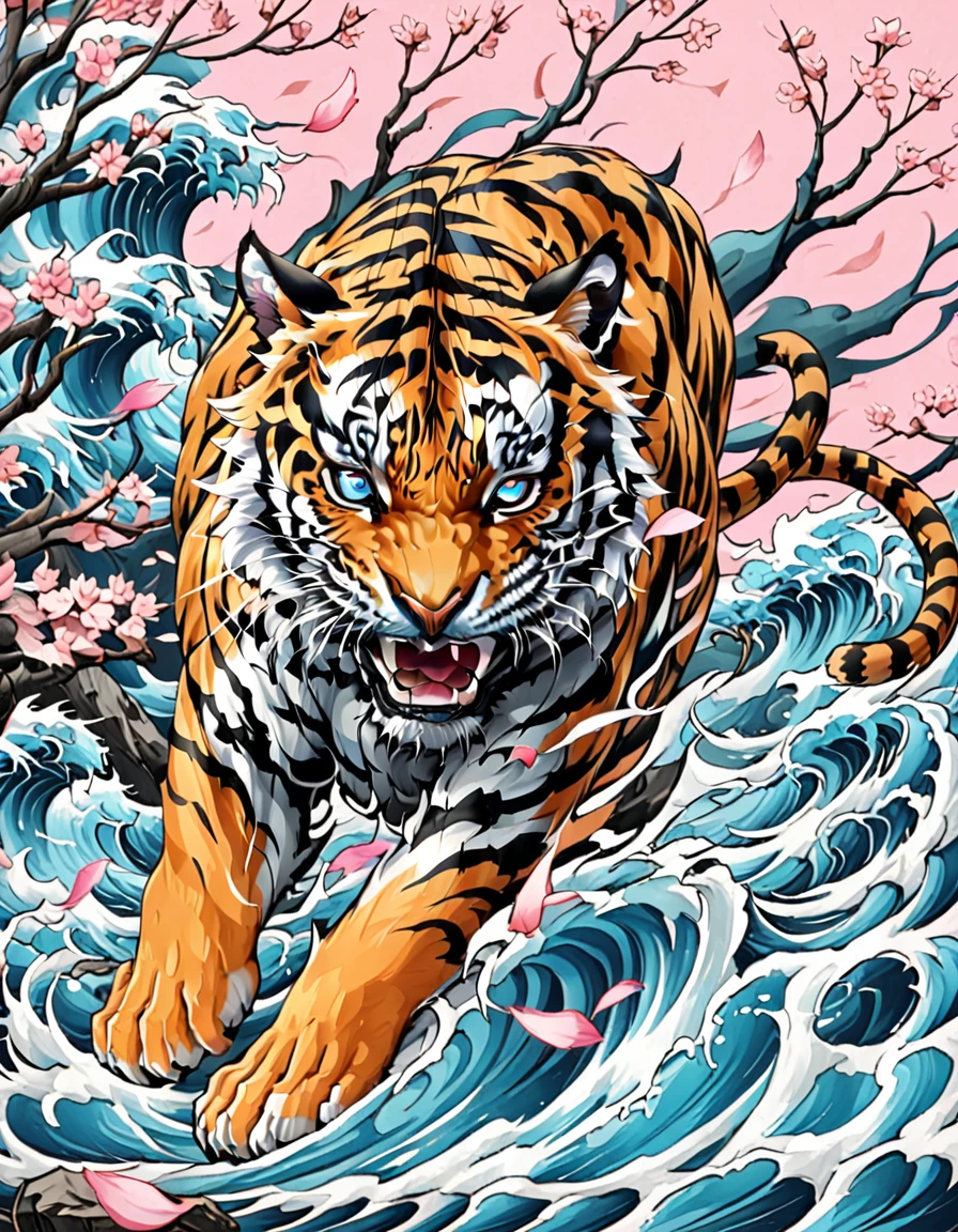 ((Tigre Solitário)), Desenho de tatuagem tradicional japonesa, arte de tatuagem realista de tigre laranja com olhos azuis, ele está com a boca aberta parecendo muito feroz e irritado, O fundo é uma tatuagem de onda japonesa com efeito de pétala de cerejeira rosa, (Papel de parede da unidade 16K, obra de arte, melhor qualidade, alta qualidade, Ultra-detalhado, extremamente detalhes), ((Tigre Solitário)), Desenho de tatuagem tradicional japonesa, arte de tatuagem realista de tigre laranja com olhos azuis, ele está com a boca aberta parecendo muito feroz e irritado, O fundo é uma tatuagem de onda japonesa com efeito de pétala de cerejeira rosa,
