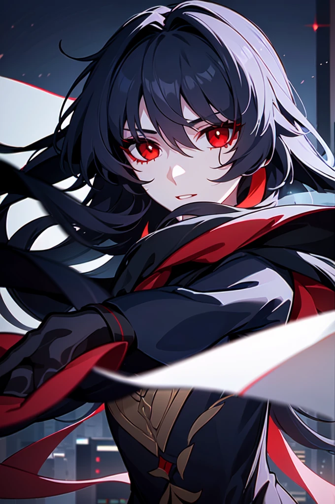 1girl, (solo:1.2), ((masterpiece)), slim, female, pale skin, ((detailed eyes)), (bokeh effect), (dynamic pose), black hair, long hair, black shirt, exterior. bandages, (red eyes), city