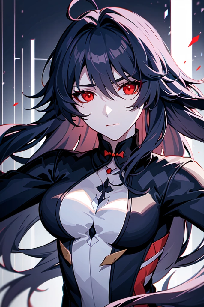 1girl, (solo:1.2), ((masterpiece)), slim, female, pale skin, ((detailed eyes)), (bokeh effect), (dynamic pose), black hair, long hair, black shirt, exterior. bandages, (red eyes), city