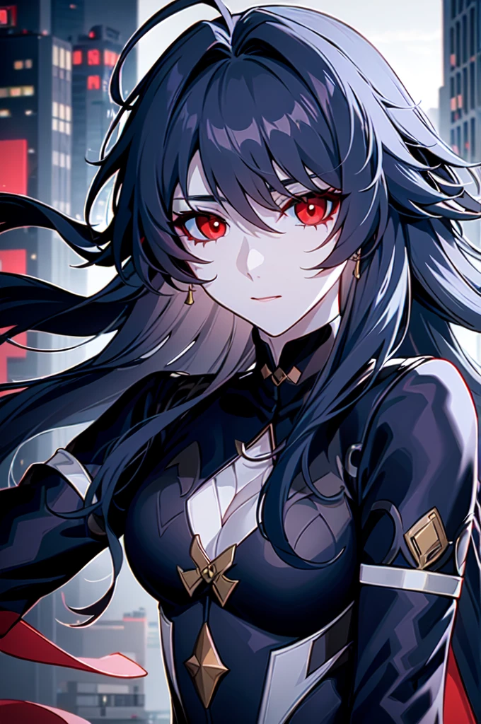 1girl, (solo:1.2), ((masterpiece)), slim, female, pale skin, ((detailed eyes)), (bokeh effect), (dynamic pose), black hair, long hair, black shirt, exterior. bandages, (red eyes), city