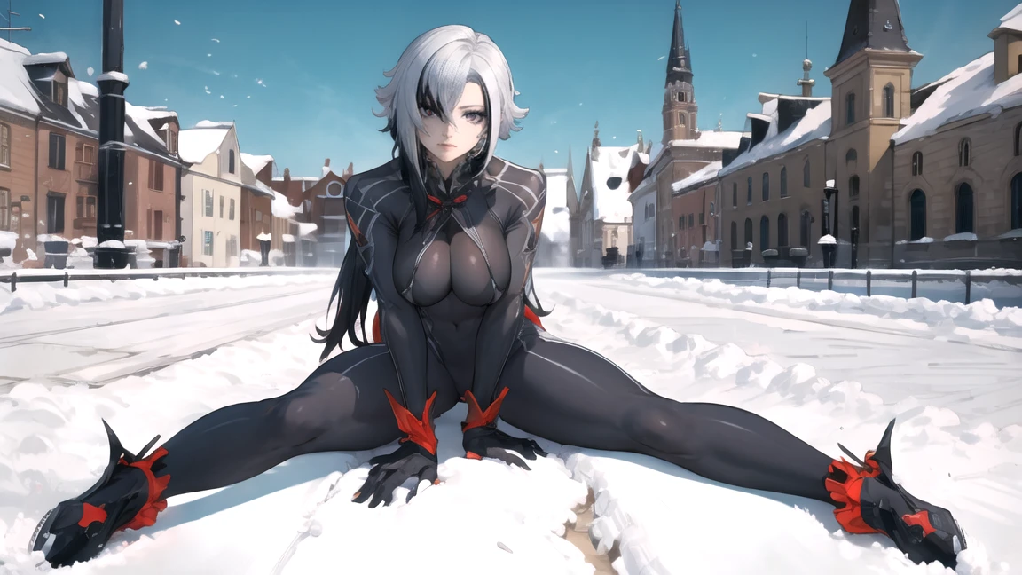 thick outlines, comics, photorealistic, perfect hands, masterpiece:1.2, beautiful figure, red crosses instead of pupils, full length (full body 1.1), кафедральный cathedral, Dark, Gothic,  detailed background, snow, cathedral, 1 girl, One, White hair, black hair, multicolored hair, X-shaped pupils, black eyes, Arles_suit, , detailed background, Detailed face, detailed eyes, 