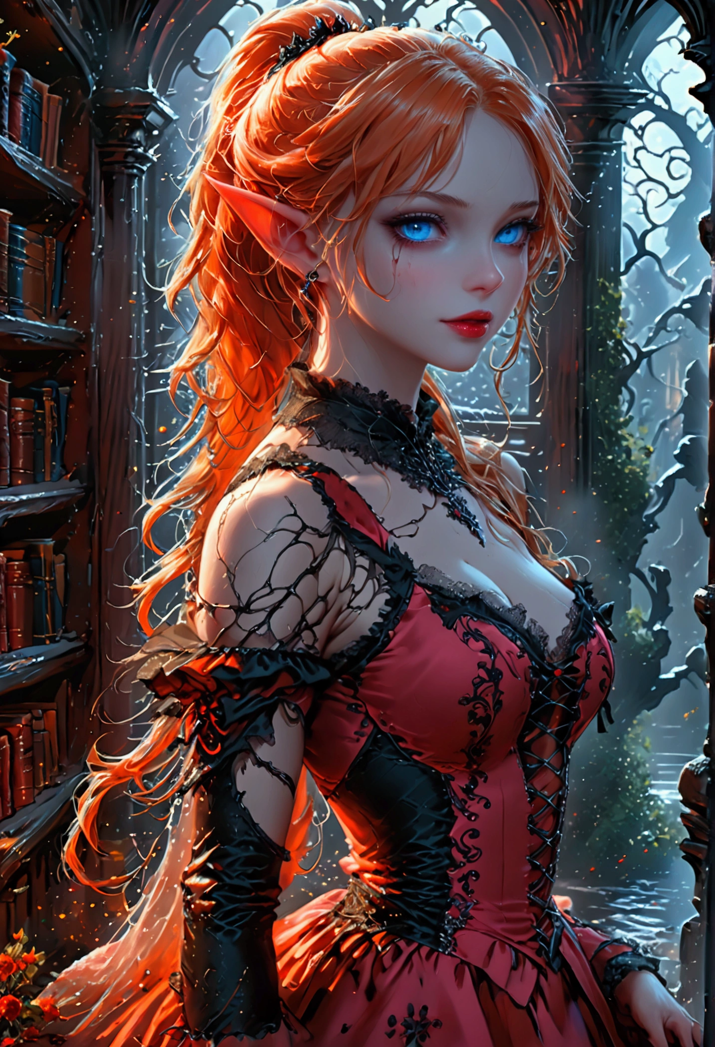 arafed a picture of elf vampire in her castle. an exquisite beautiful, busty, female elf vampire (ultra details, Masterpiece, best quality), full body, ((anatomically correct: 1.5) bloody mouth, orange hair, pale skin, hair in a ponytail, long hair, blue eyes, (small pointed ears: 1.2), cold eyes, smirking, wearing pink dress (ultra details, Masterpiece, best quality), red cloak, wearing high heels, in dark fantasy library, book shelves, vibrant, Ultra-high resolution, High Contrast, (masterpiece:1.5), highest quality, Best aesthetics), best details, best quality, highres, ultra wide angle, 16k, [ultra detailed], masterpiece, best quality, (extremely detailed) RAW, dark fantasy art, gothic art, wearing Haute_Couture designer dress, Dark Novel, Dark Art Painting Style, dripping blood, hud_s1n, short black dress, long sleeves, veil, thighhighs, digital painting, Bloodborne