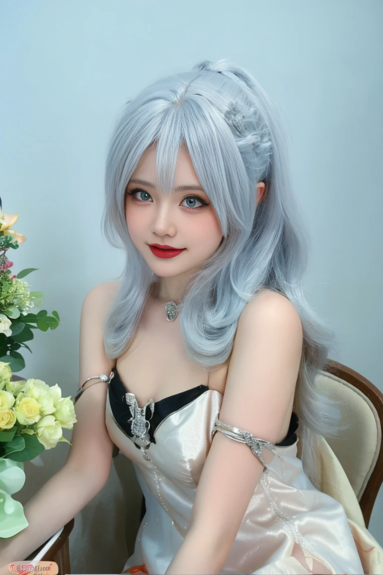 ulzzang-6500-v1.1,(raw photo:1.2),((photorealistic:1.30)), ((best quality)) ,((masterpiece)),((Ultra High Resolution)), ((Clear View)),,Ultra-high resolution,Clear face,（Reality：1.4) ,  illustration, an extremely delicate and beautiful, extremely detailed ,CG ,unity ,8k wallpaper, Amazing, finely detail, masterpiece,best quality,official art,extremely detailed CG unity 8k wallpaper,absurdres, incredibly absurdres, huge filesize, ultra-detailed, highres, extremely detailed,beautiful detailed girl, extremely detailed eyes and face, beautiful detailed eyes,light on face,cinematic lighting, 25 year old woman, 1 girl, cute, bedroom, tutoring, books on the table, fruit on the table, chair beside the table, standing, dating, (red nose), (smile: 1.15), (mouth closed), medium breasts, beautiful detailed eyes, kimono, floating hair NovaFrogStyle, silver hair, Blue eyes, natural lips, slim body, (full body:1.3), Bare shoulders,