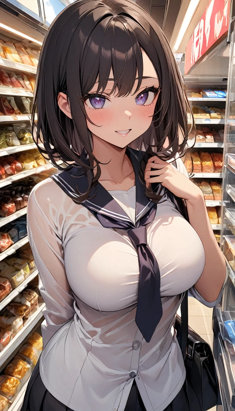 In front of the vending machine、high school girl、Black bob hair、hairpin、Open-mouthed expression of joy、Drooling((She stares at my penis with pleasure))、Hearts in the eyes、Large Breasts、Deep valley、Open the buttons on your shirt、nsfw