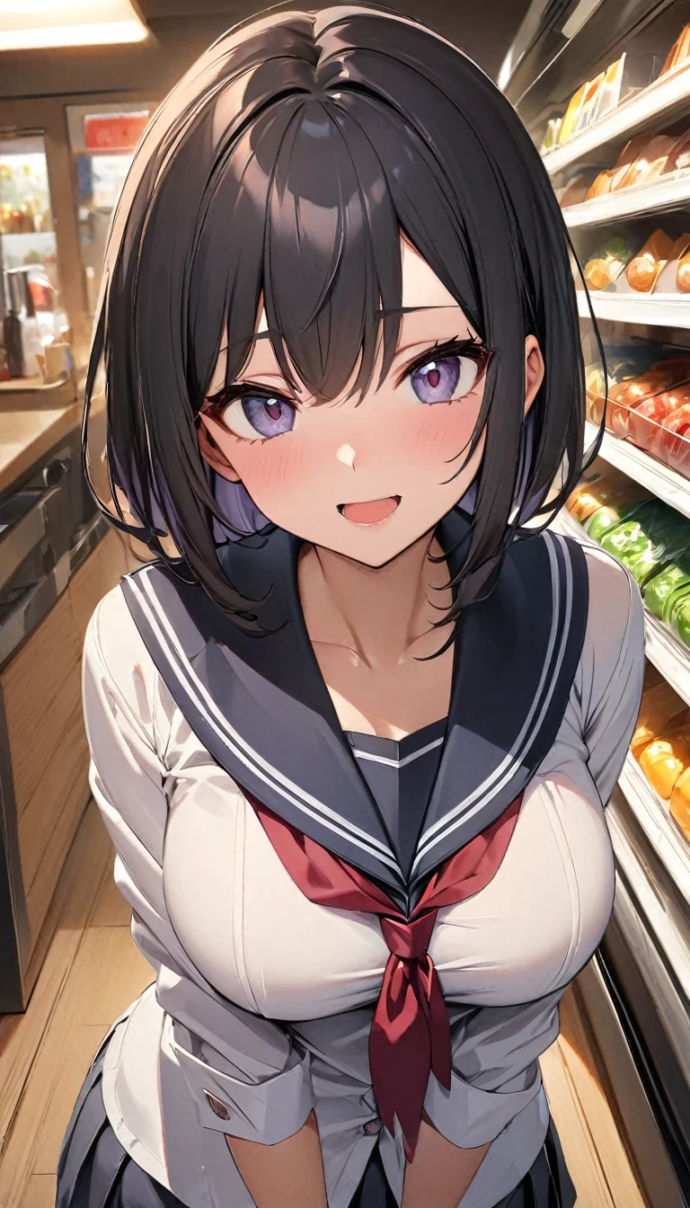 In front of the vending machine、high school girl、Black bob hair、hairpin、Open-mouthed expression of joy、Drooling((She stares at my penis with pleasure))、Hearts in the eyes、Large Breasts、Deep valley、Open the buttons on your shirt、nsfw