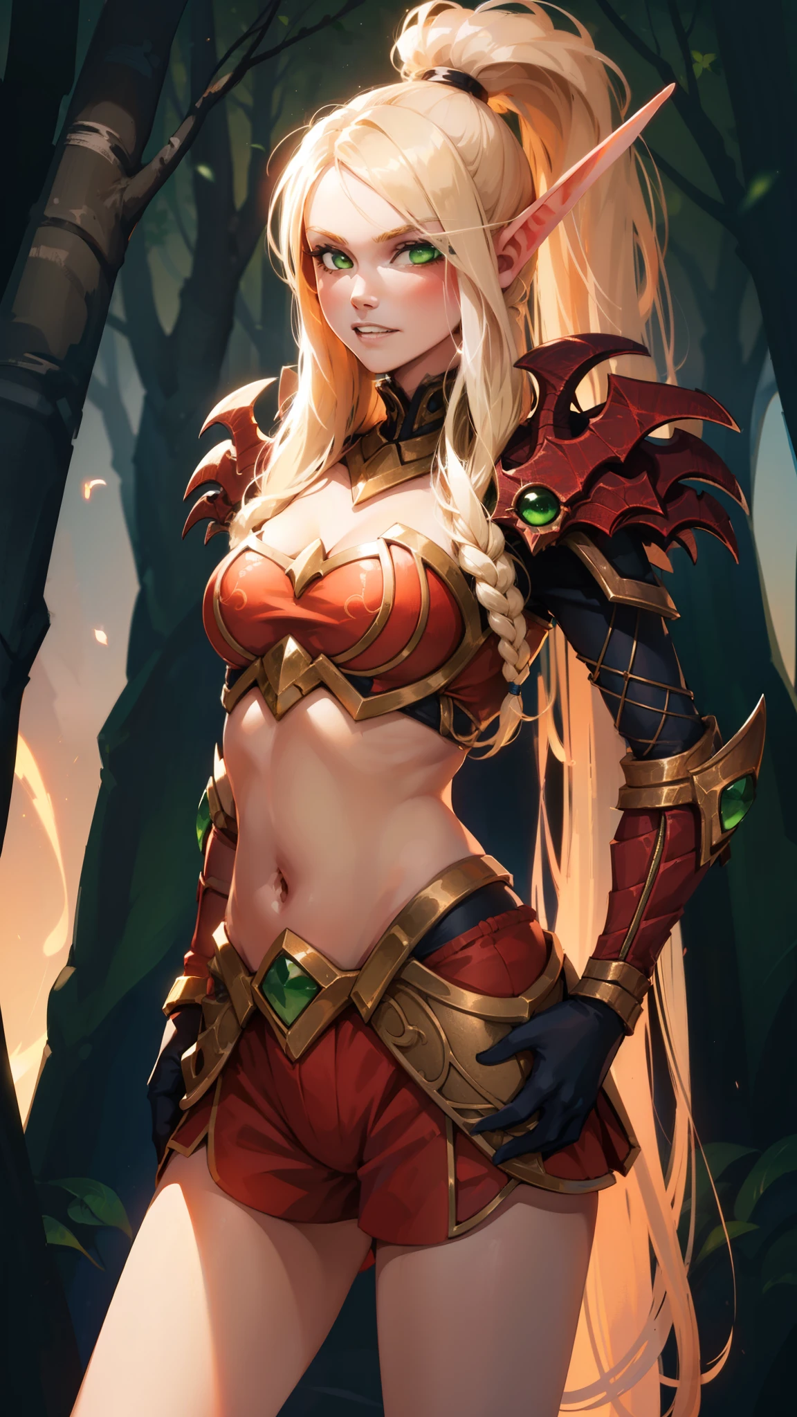 (1girl, absurdly long hair split ponytail, spiral eyes, , clenched teeth) (digital) (standing), (Light Orange Forest background), (Boxer Shorts)) , best quality, blonde hair, green eyes, glowing, armor, navel, bloodelf, 