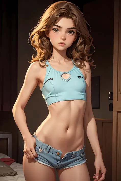 A cute teenage girl, wavy hair, Very short shorts, flat chest like a boy, Slender body, Very detailed, Anatomically correct, 