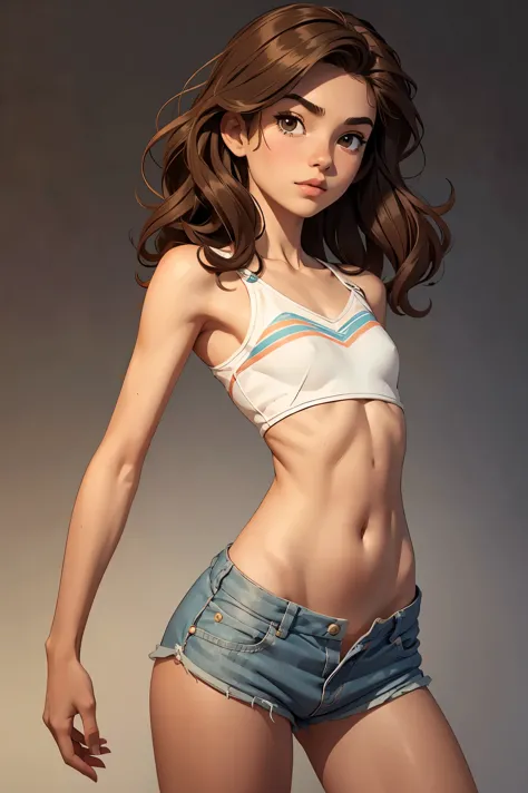 A cute teenage girl, wavy hair, Very short shorts, flat chest like a boy, Slender body, Very detailed, Anatomically correct, 