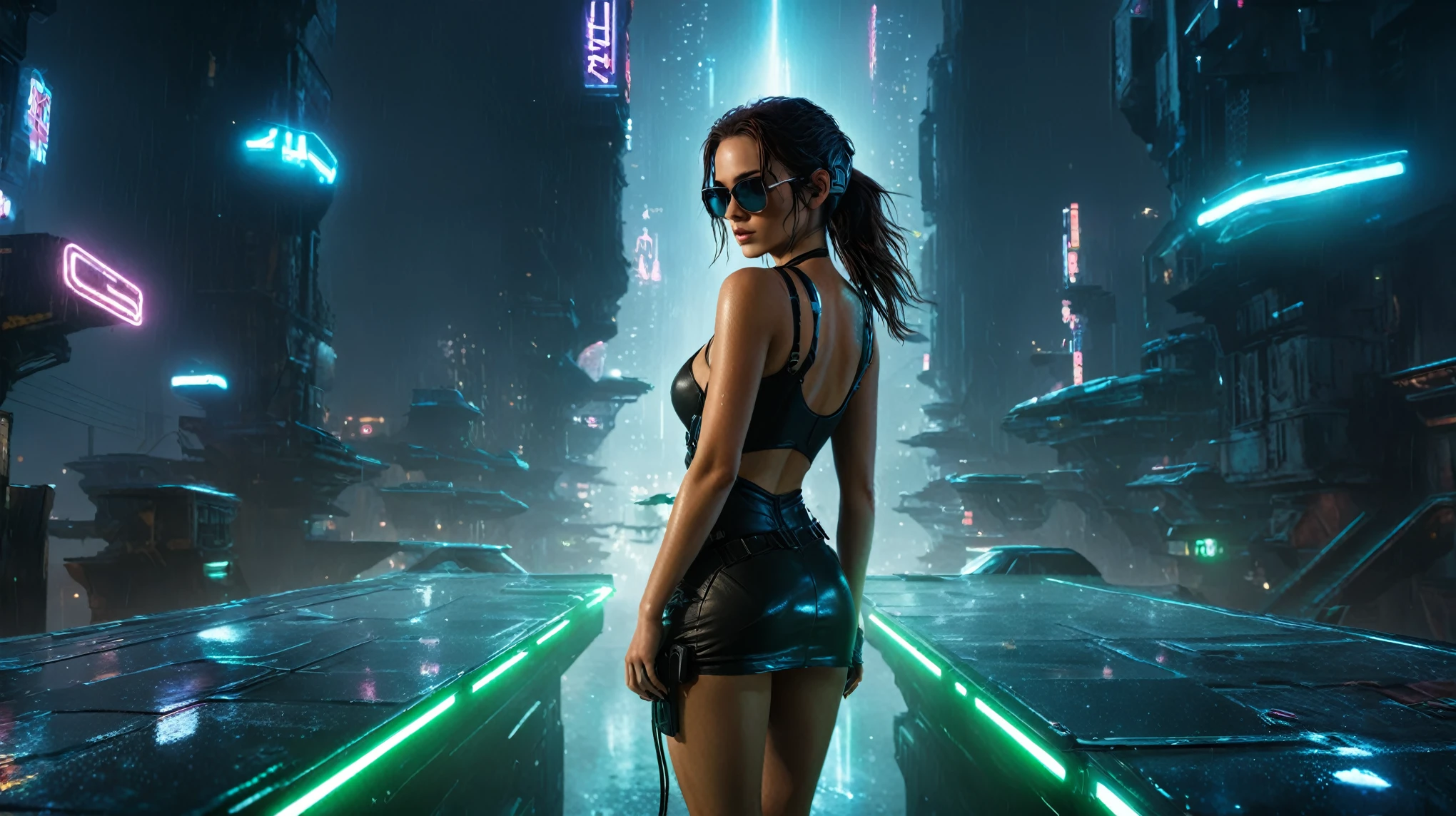 (aerial view, a flying cars docking platform, a very dark abandoned futuristic city, neon lights), rainy night. A girl as Lara Croft, solo, alone, large-breast:1.2 slim body, cleavage:1.1, sexy wind blowing wet dress:1.4, (headphone, black sunglasses), (((((she raised:1.8 a pistol:1.8 and took aim at viewer))))), dynamic pose, (((half-body thigh level medium shot))), cinematic lighting, lens flare, ray tracing.