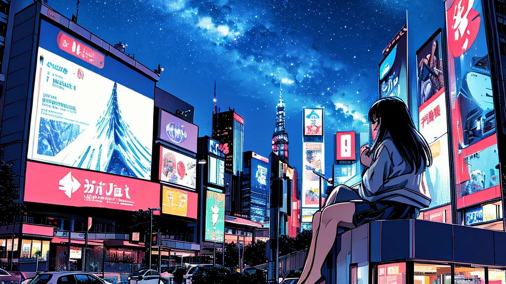 ctans, sky, star (sky), scenery, starry sky, night, 1girl, night sky, solo, outdoors, building, cloud, milky way, sitting, tree, long hair, city, silhouette, cityscape,City from a distance, tokyo, city billboard, 1 milky way in the sky,18歳セクシーな女の子