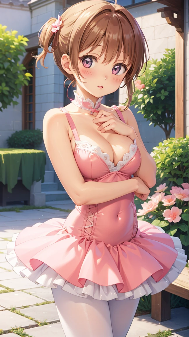 masterpiece, best quality, highres, 1girl, detailed face, blush, anime CG style, (medium breasts), aichan, good lighting, perfect body, sakura kinomoto, glossy lips, looking at viewer, garden, ballerina, tutu