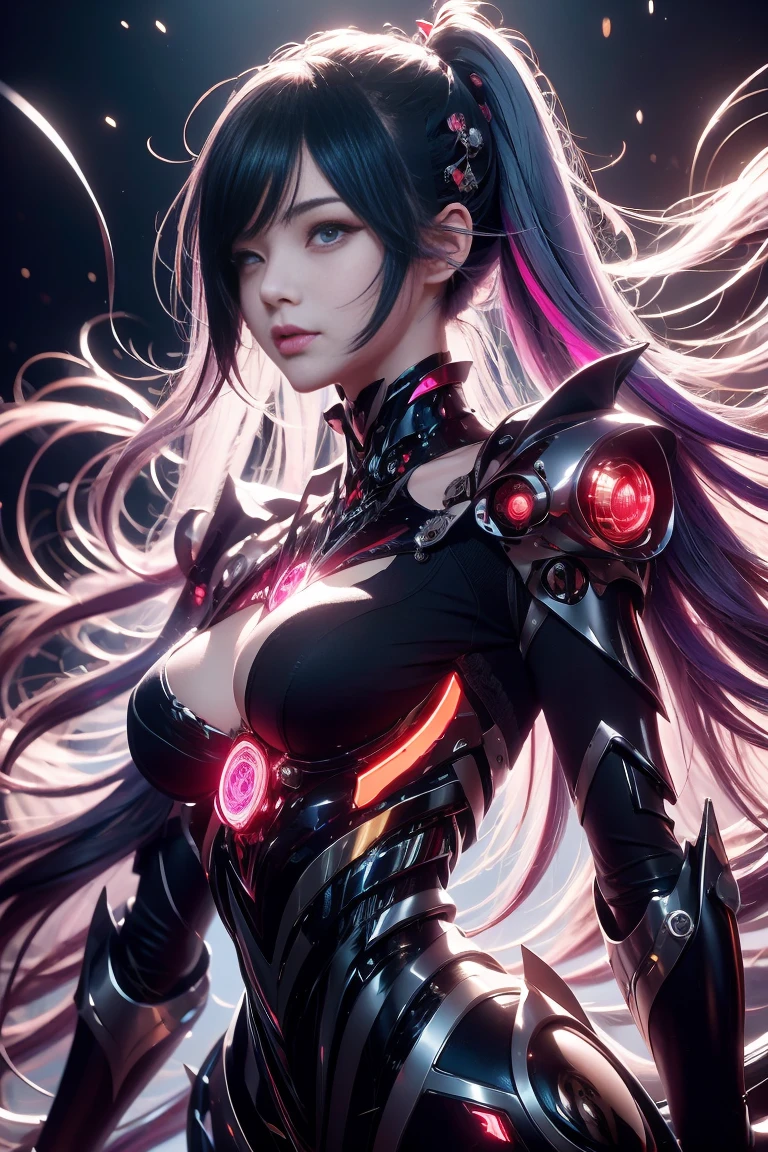 masterpiece, best quality, illustration, beautiful detailed eyes, colorful background, mechanical prosthesis, mecha coverage, emerging dark purple across with white hair, pig tails, disheveled hair, fluorescent purple, cool movement, rose red eyes, beatiful detailed cyberpunk city, multicolored hair, beautiful detailed glow, 1 girl, expressionless, cold expression, insanity, long bangs, long hair, lace, dynamic composition, motion, ultra - detailed, incredibly detailed, a lot of details, amazing fine details and brush strokes, smooth, hd semirealistic anime cg concept art digital painting, cyborg style,