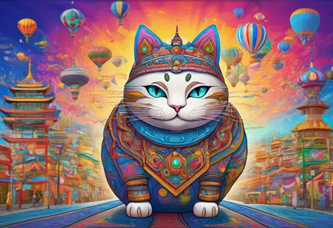 Giant anthropomorphic cat character, Traveling through Eurasia、Detailed outline, cute, Art Brut Style, Dynamic pose, whimsical e...