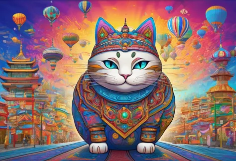 giant anthropomorphic cat character, traveling through eurasia、detailed outline, cute, art brut style, dynamic pose, whimsical e...