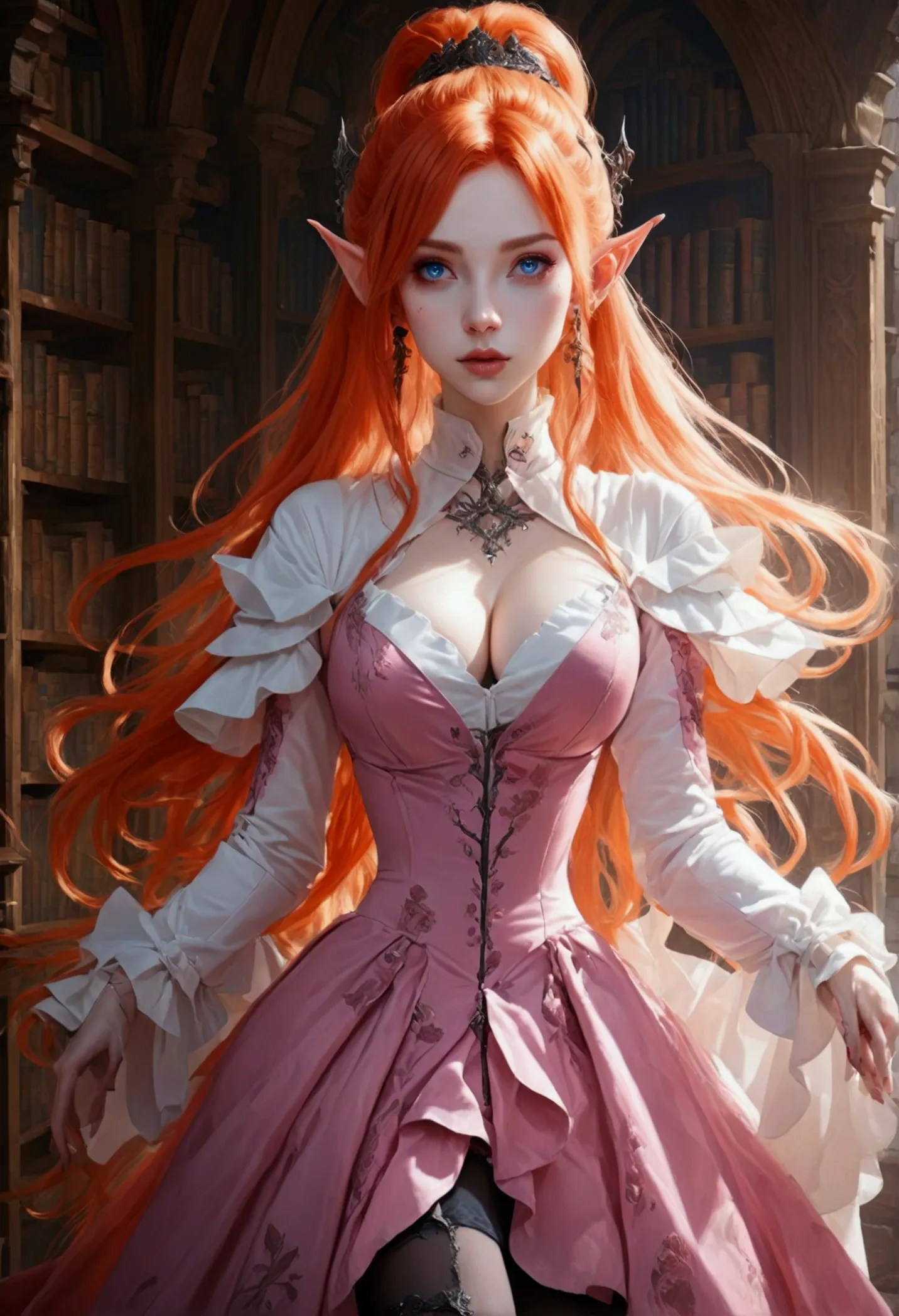 arafed a picture of elf vampire in her castle. an exquisite beautiful, busty, female elf vampire (ultra details, Masterpiece, be...