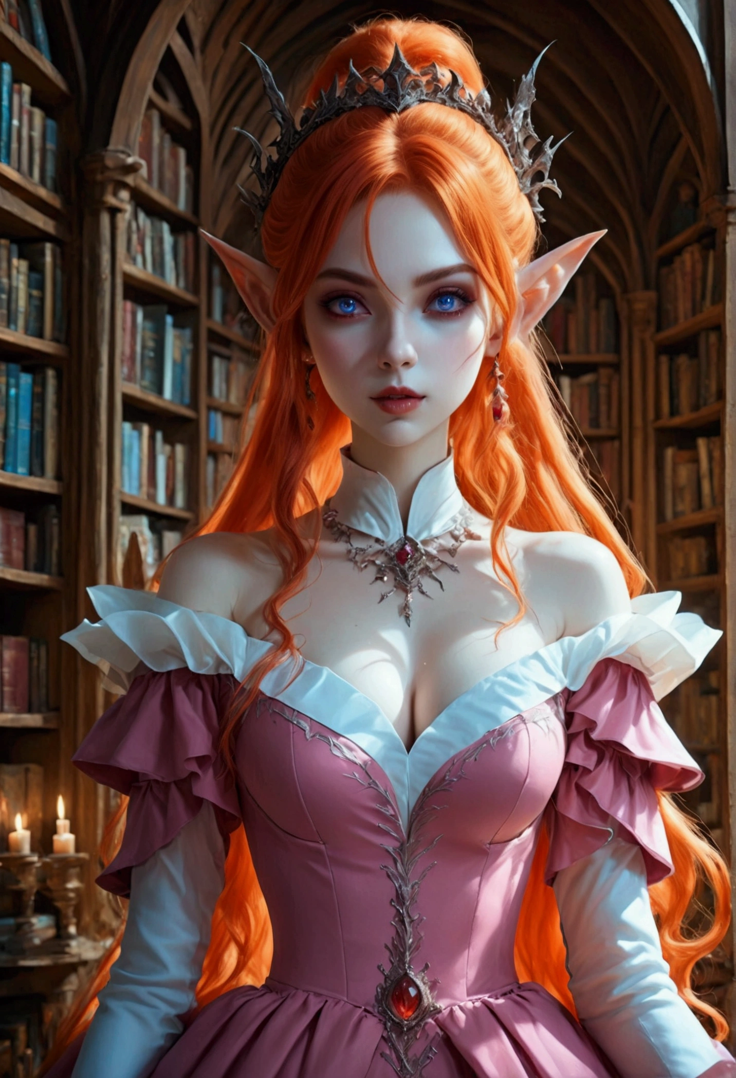 arafed a picture of elf vampire in her castle. an exquisite beautiful, busty, female elf vampire (ultra details, Masterpiece, best quality), full body, ((anatomically correct: 1.5) bloody mouth, orange hair, pale skin, hair in a ponytail, long hair, blue eyes, (small pointed ears: 1.2), cold eyes, smirking, wearing pink dress (ultra details, Masterpiece, best quality), red cloak, wearing high heels, in dark fantasy library, book shelves, vibrant, Ultra-high resolution, High Contrast, (masterpiece:1.5), highest quality, Best aesthetics), best details, best quality, highres, ultra wide angle, 16k, [ultra detailed], masterpiece, best quality, (extremely detailed) RAW, dark fantasy art, gothic art, wearing Haute_Couture designer dress, Dark Novel, Dark Art Painting Style, dripping blood, hud_s1n, short black dress, long sleeves, veil, thighhighs, digital painting, Bloodborne