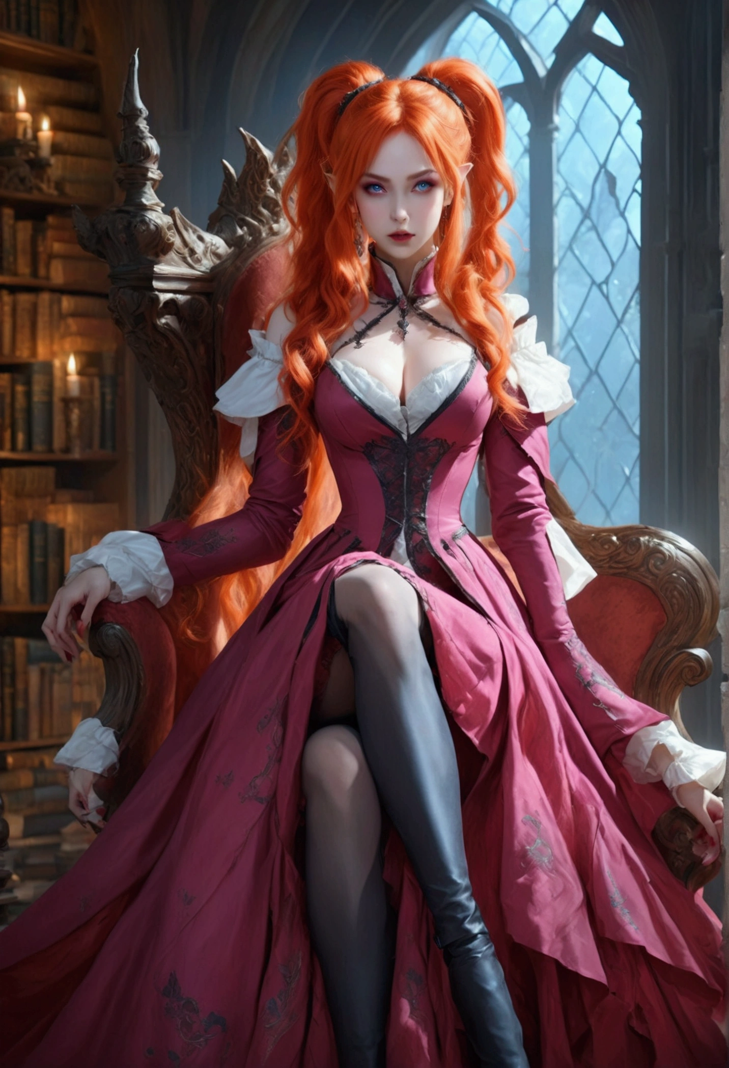 arafed a picture of elf vampire in her castle. an exquisite beautiful, busty, female elf vampire (ultra details, Masterpiece, best quality), full body, ((anatomically correct: 1.5) bloody mouth, orange hair, pale skin, hair in a ponytail, long hair, blue eyes, (small pointed ears: 1.2), cold eyes, smirking, wearing pink dress (ultra details, Masterpiece, best quality), red cloak, wearing high heels, in dark fantasy library, book shelves, vibrant, Ultra-high resolution, High Contrast, (masterpiece:1.5), highest quality, Best aesthetics), best details, best quality, highres, ultra wide angle, 16k, [ultra detailed], masterpiece, best quality, (extremely detailed) RAW, dark fantasy art, gothic art, wearing Haute_Couture designer dress, Dark Novel, Dark Art Painting Style, dripping blood, hud_s1n, short black dress, long sleeves, veil, thighhighs, digital painting, Bloodborne