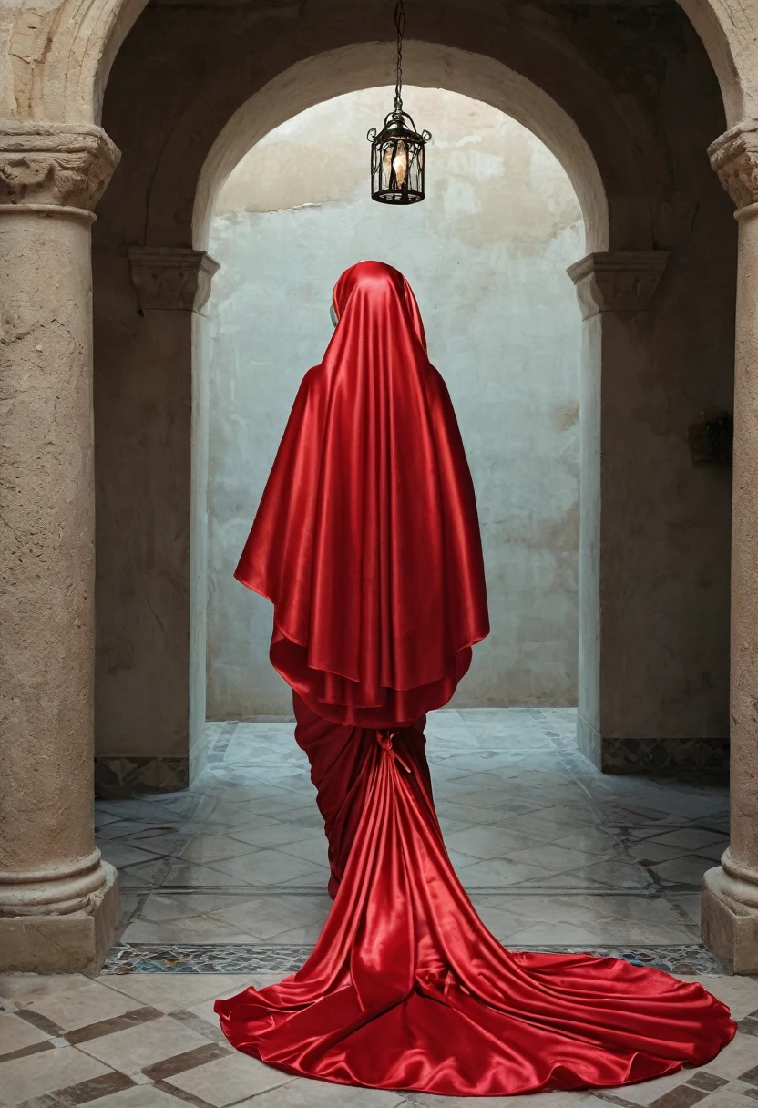 a sexy a woman covered in large red satin cloth, tied tightly with the satin cloth, mummified, the satin hanging down very long, a mermaid style dress, wearing a satin hijab, the satin cloth is very long, forming the curve of the body, flowy satin about 4 meter,full body pose, masterpice, 4k resolution, ultra-realistic, highly detail.