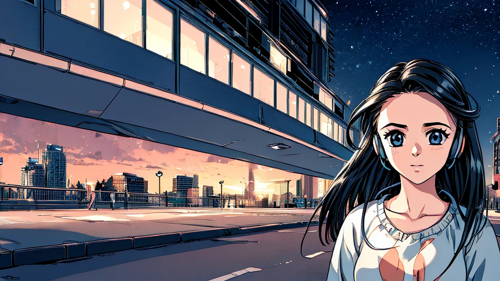 ((masterpiece)),(((Highest quality))),((Super detailed)) Realistically, 1 Girl, beautiful, Wearing headphones, One person　 night景を見てる, city, Starry Sky, building, night.　Long Black Hair　The wind is blowing