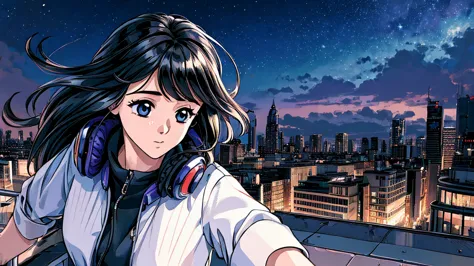 ((masterpiece)),(((highest quality))),((super detailed)) realistically, 1 girl, beautiful, wearing headphones, one person　 night...