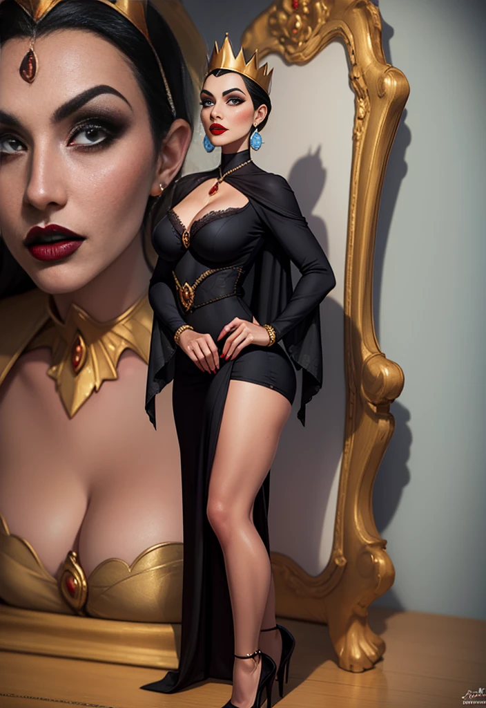 UHD 8k, HDR+, Copyright Disney Disney Villains Snow White and the Seven Dwarfs Character Evil Queen Artist Bunbunmuffinart General 1 girls big breasts breasts naked breasts outside naked breasts female female focus female only Brunette light skin light skinned woman looking at viewer mature woman milf stepmom nipples, brunette with necklace, Large piercing eyes, huge earrings, Giant earrings, gold bracelets on her hands, her long jet black hair flows over her shoulders, black high heels, high heels, black gothic dress, detailed background, realistic, 1 girl,  girl, 20 year old girl, ultra realistic face, hyperrealistic, hyper-detailed, (I look at the audience), sharpen, Detailed face, detailed eyes, detailed lips, Red lips, Beautiful face, 16 thousand., Full HD, RAW photo, cute face mesh, beautiful face mesh, 8k portrait shot