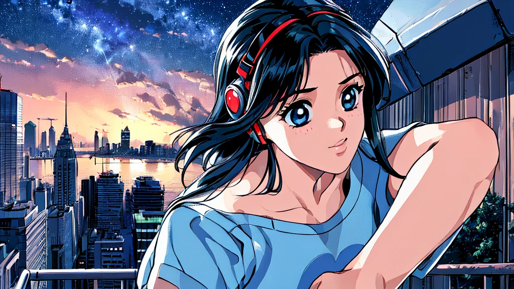 ((masterpiece)),(((Highest quality))),((Super detailed)) Realistically, 1 Girl, beautiful, Wearing headphones, One person　 night景を見てる, city, Starry Sky, building, night.　Long Black Hair　The wind is blowing　18歳　sexy