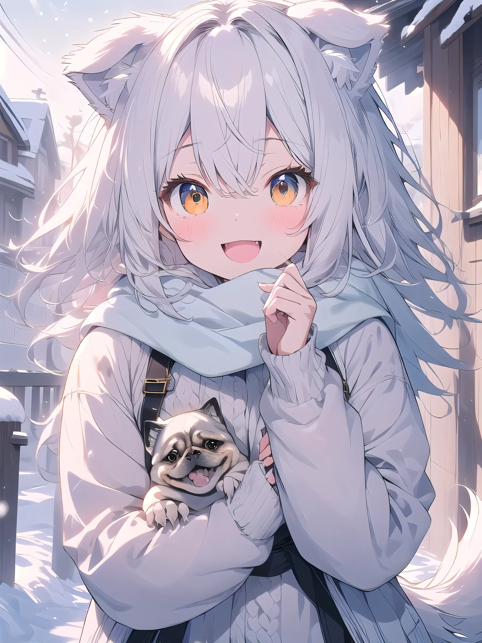 white hair, dog ears, sparkle, film grain, UHd, masterpiece, super detail, high details, high quality, highres, best quality, 4K,claw pose,upper body,fang,:d,aran sweater,samoyed girl、Capturing the Characteristics of the Samoyed,Fluffy clothes、cute、Background of the snow country,((dog tail)),Fluffy scarf