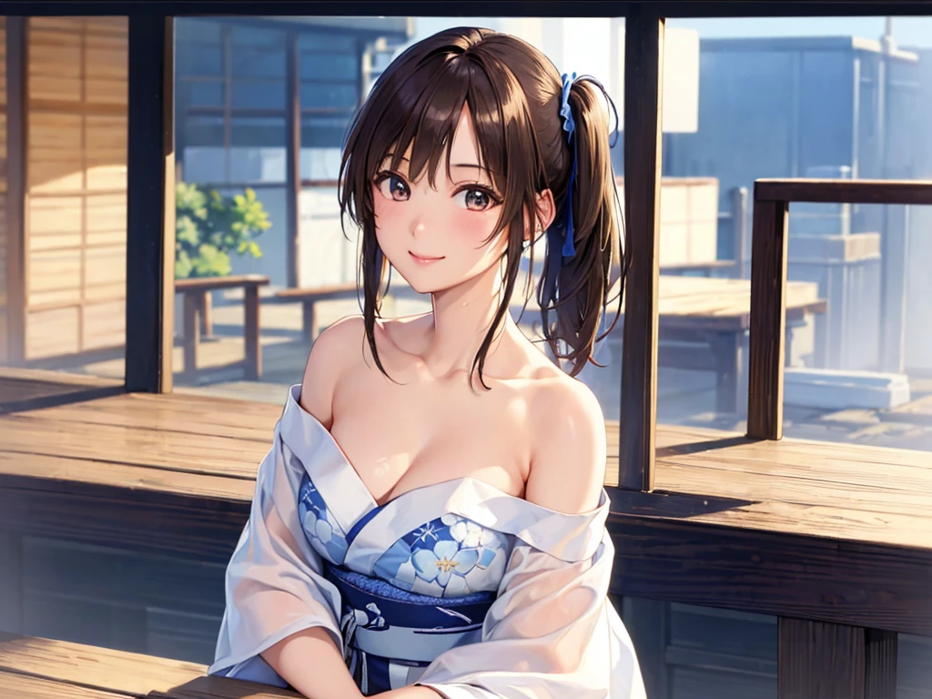 (masterpiece、Highest quality:1.2),Frame In、 Cowboy Shot, alone, One Girl, View your viewers, (Highest quality, 8k, Oil, Tabletop:1.2), Very detailed, (Realistic, Realistic:1.37), Vibrant colors, Wearing a white and blue yukata、Side Ponytail、Brown Hair、smile、Hot Spring Town、Tangyan、Daytime