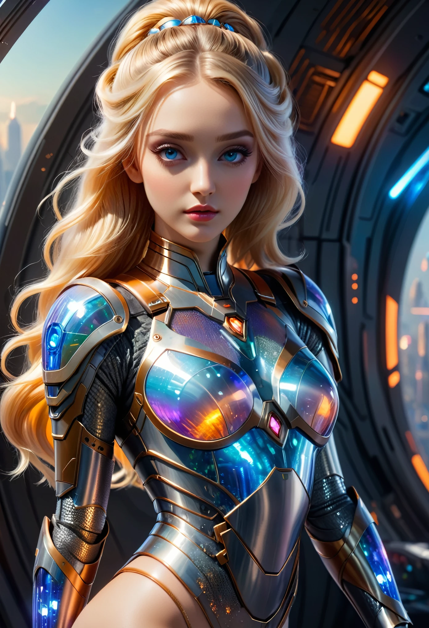 (best quality,4k,highres,masterpiece:1.2),ultra-detailed,(realistic,photorealistic:1.37), 1 extraordinarily beautiful android princess, (sci-fi futuristic transparent armor:1.7), extraordinarily sexy, expressive, seductive face, ral-opal, (whole body:1.2), (full body, standing on a spaceship:1.4), cameltoe, beautiful detailed eyes, beautiful detailed seductive lips, extremely detailed erotic face and eyes, long eyelashes, hkstyle, hair updo, HDR, UHD, studio lighting, ultra-fine painting, sharp focus, physically-based rendering, extreme detail description, professional, vivid colors, bokeh, sci-fi, concept art, hair band, (transparent:1.4) (beautiful long legs, beautiful thighs:1.5), (seductive posing:1.2), (erotic posing:1.2), (Dakota Fanning:0.4)