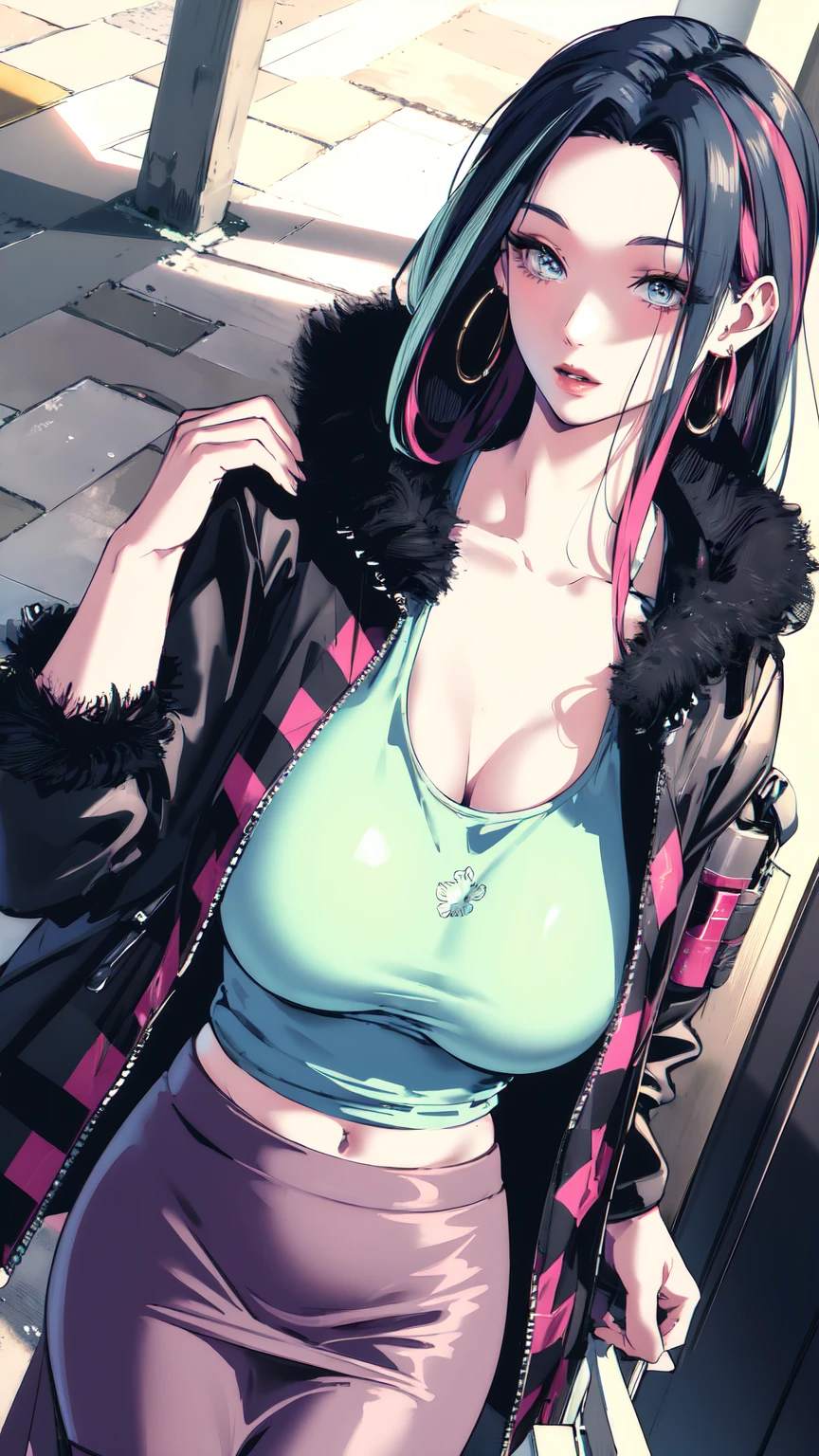 Saggy breasts,Mature Woman,Huge breasts, Huge breasts,alone,Improve,((teasing)),eye shadow,lip,Glossy eyelashes,Blue Hair,Black Hair, ((Two-tone hair)),Earrings, Detailed decoration, oh,Half an eye,Embroidered, Plaid, Pencil Long Skirt, Fur jacket, Tank top,ribbon, Off the shoulder, ((expose forehead)), Long Hair, Curly Hair,From an angle, From the side,Dynamic Angle, throw,((From above)) ,(Hand Focus),(((pastel colour))), Wide-angle,date, Walking around the city, bag,