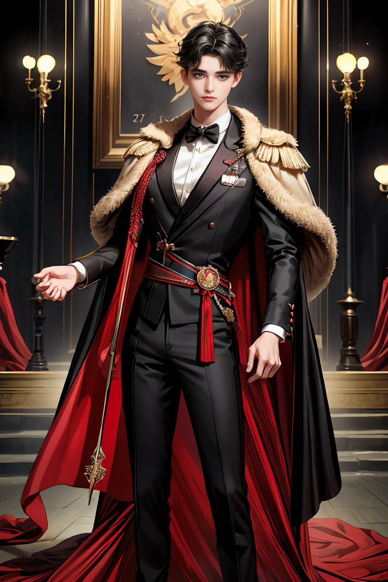 
masterpiece, 最high quality, high quality, 1 boy, alone, Male focus, Watching the audience,  Messy black hair, Adorable big blue eyes, White people, Noble, Noble,Sexy voluminous black and red cape、Tuxedo、A very voluminous, large, very large, very large, long, long red and black cape with a high stand-up collar, reaching down to the floor, made of a lot of fabric., 17 years old,Cute beautiful boys,Cute, cute, kind, handsome guy