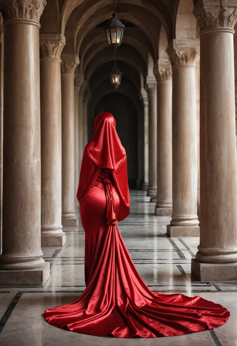 a sexy a woman covered in large red satin cloth, tied tightly with the satin cloth, mummified, the satin hanging down very long, a mermaid style dress, wearing a satin hijab, the satin cloth is very long, forming the curve of the body, dramatic long satin train, full body pose, masterpice, 4k resolution, ultra-realistic, highly detail.