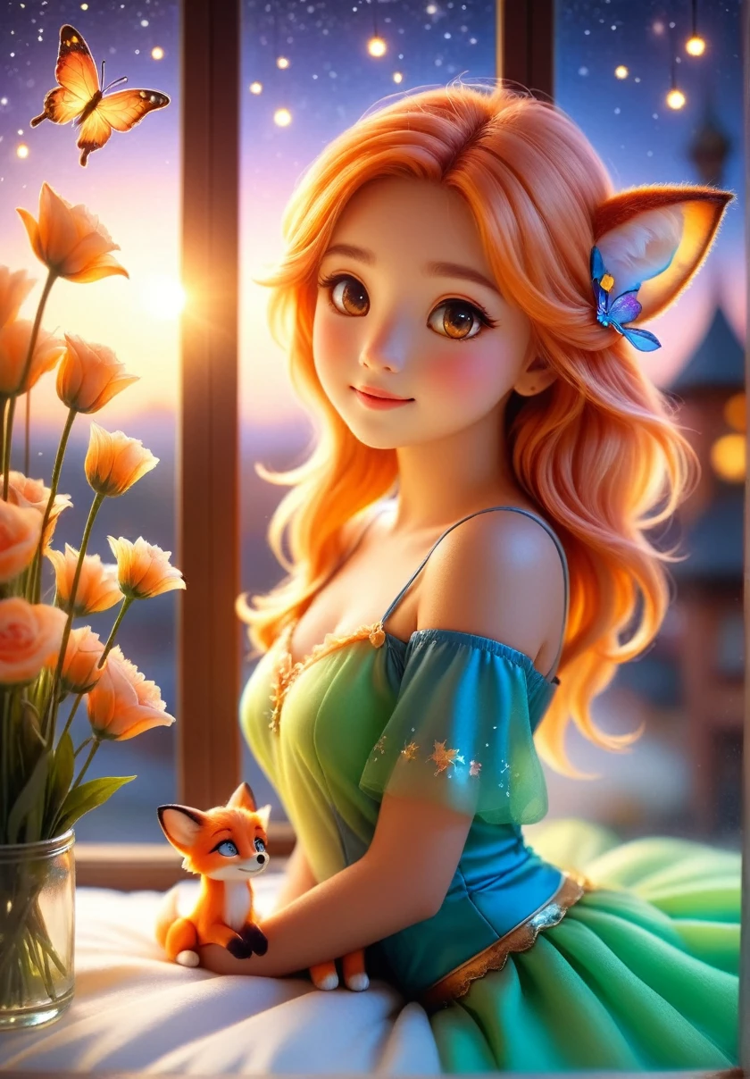 Nine-tailed Fox Fairy Girl，dream, Very cute, In the window of a pet store, at shop, Soft image of the sun setting into the horizon, Disney style, Lovely, Gorgeous background, Gorgeous lighting, light eyes, Comfortable warm glow, at night, Flowers sleeping on the bed, starry night, A ray of, firefly, Faint neon glow,