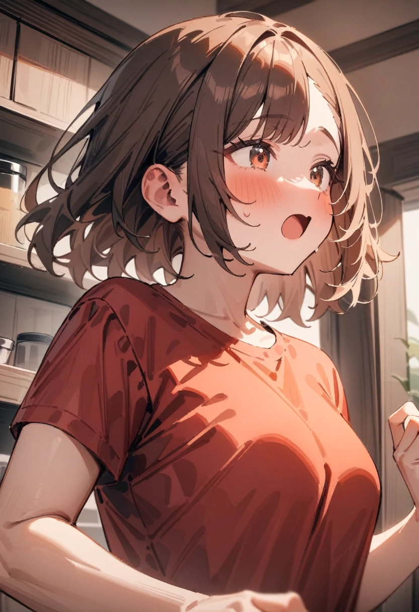 masterpiece, best quality, very aesthetic, absurdres, newest, asymmetrical bangs, tareme, 1girl, solo, indoors, brown hair, shirt, upper body, female focus, airy hair, open mouth, red shirt, Speaking Enthusiastically