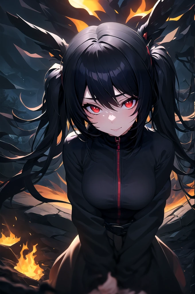 ((best quality)), ((masterpiece)), (detailed), perfect face, 1girl, lower body, long black hair with red tips, tactical clothing, headset, chains around her waist, surrounded by flames, night time, red eyes, glowing eyes, ponytails, twin tails,