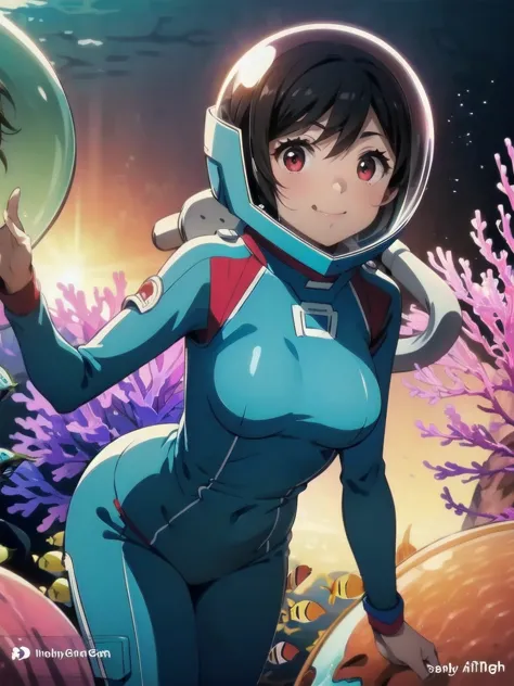 black hair, red eyes, eva helm, bubble helmet, space helmet tongue out, drooling,1girl, short hair, solo, looking at viewer, rea...