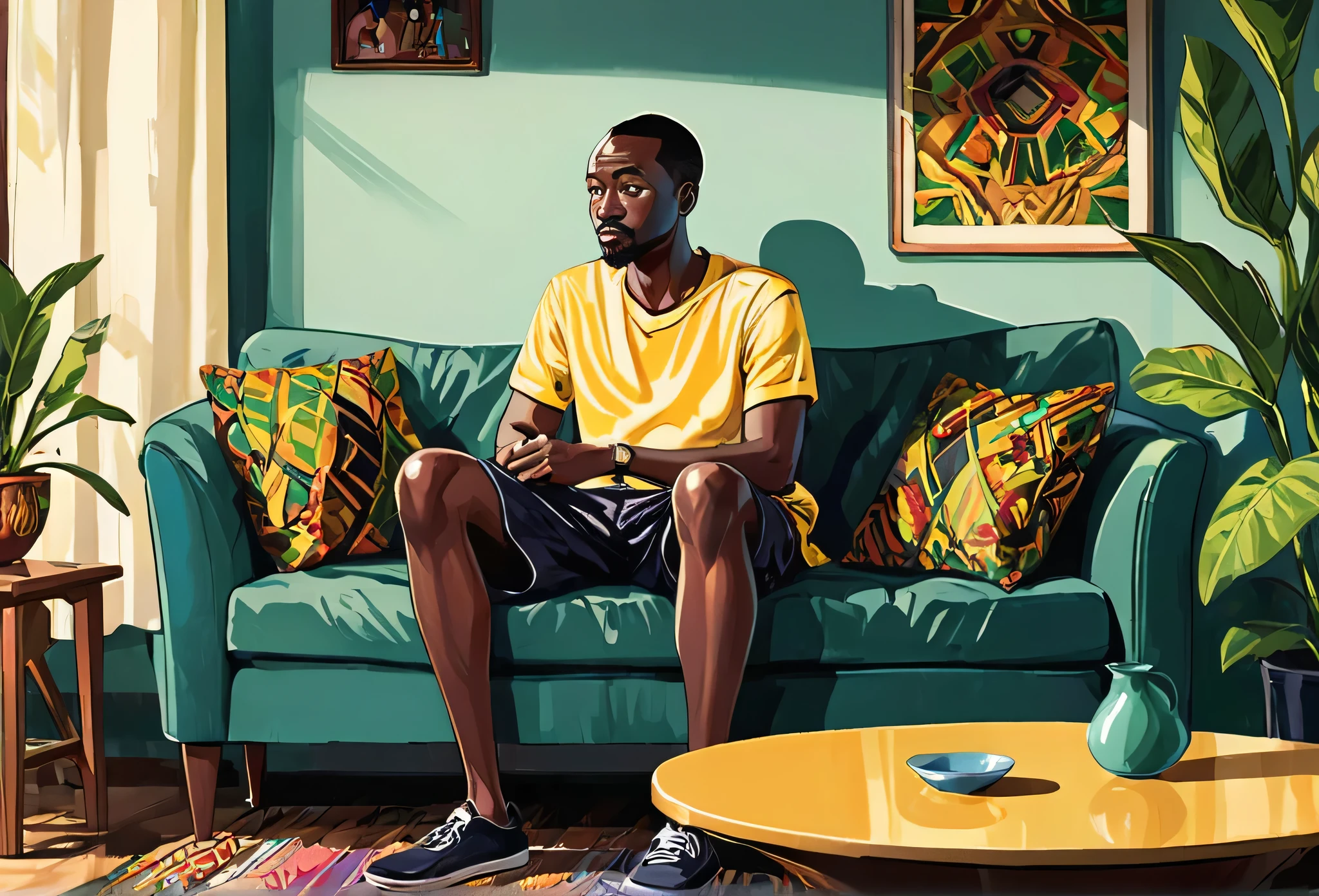 A man wearing dark shorts and shirt, sitting on a sofa, watching TV. 
African (masterpiece best quality:1.2) delicate illustration ultra-detailed, illustrations, bright, colourful, 