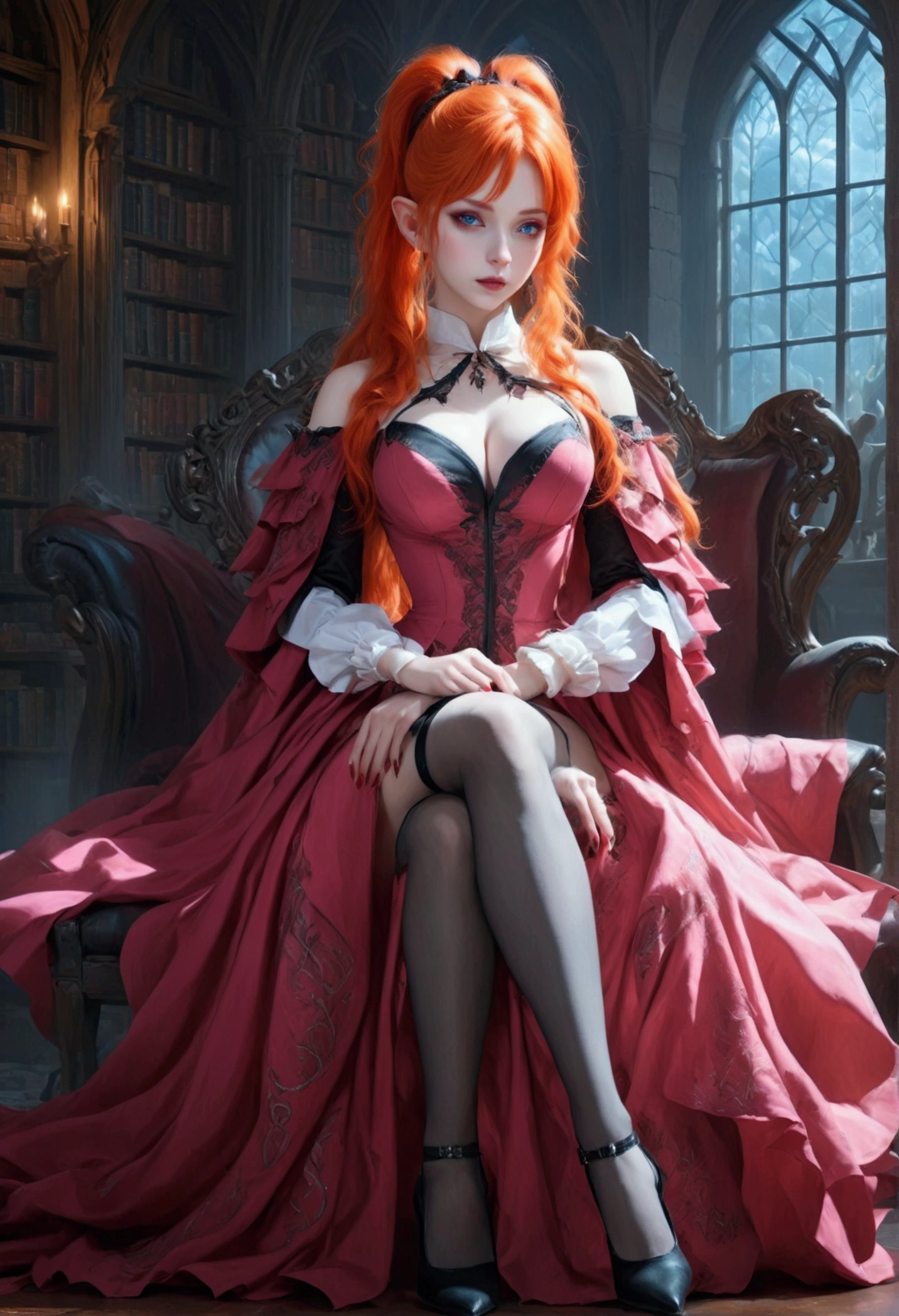 arafed a picture of elf vampire in her castle. an exquisite beautiful, busty, female elf vampire (ultra details, Masterpiece, best quality), full body, ((anatomically correct: 1.5) bloody mouth, orange hair, pale skin, hair in a ponytail, long hair, blue eyes, (small pointed ears: 1.2), cold eyes, smirking, wearing pink dress (ultra details, Masterpiece, best quality), red cloak, wearing high heels, in dark fantasy library, book shelves, vibrant, Ultra-high resolution, High Contrast, (masterpiece:1.5), highest quality, Best aesthetics), best details, best quality, highres, ultra wide angle, 16k, [ultra detailed], masterpiece, best quality, (extremely detailed) RAW, dark fantasy art, gothic art, wearing Haute_Couture designer dress, Dark Novel, Dark Art Painting Style, dripping blood, hud_s1n, short black dress, long sleeves, veil, thighhighs, digital painting, Bloodborne