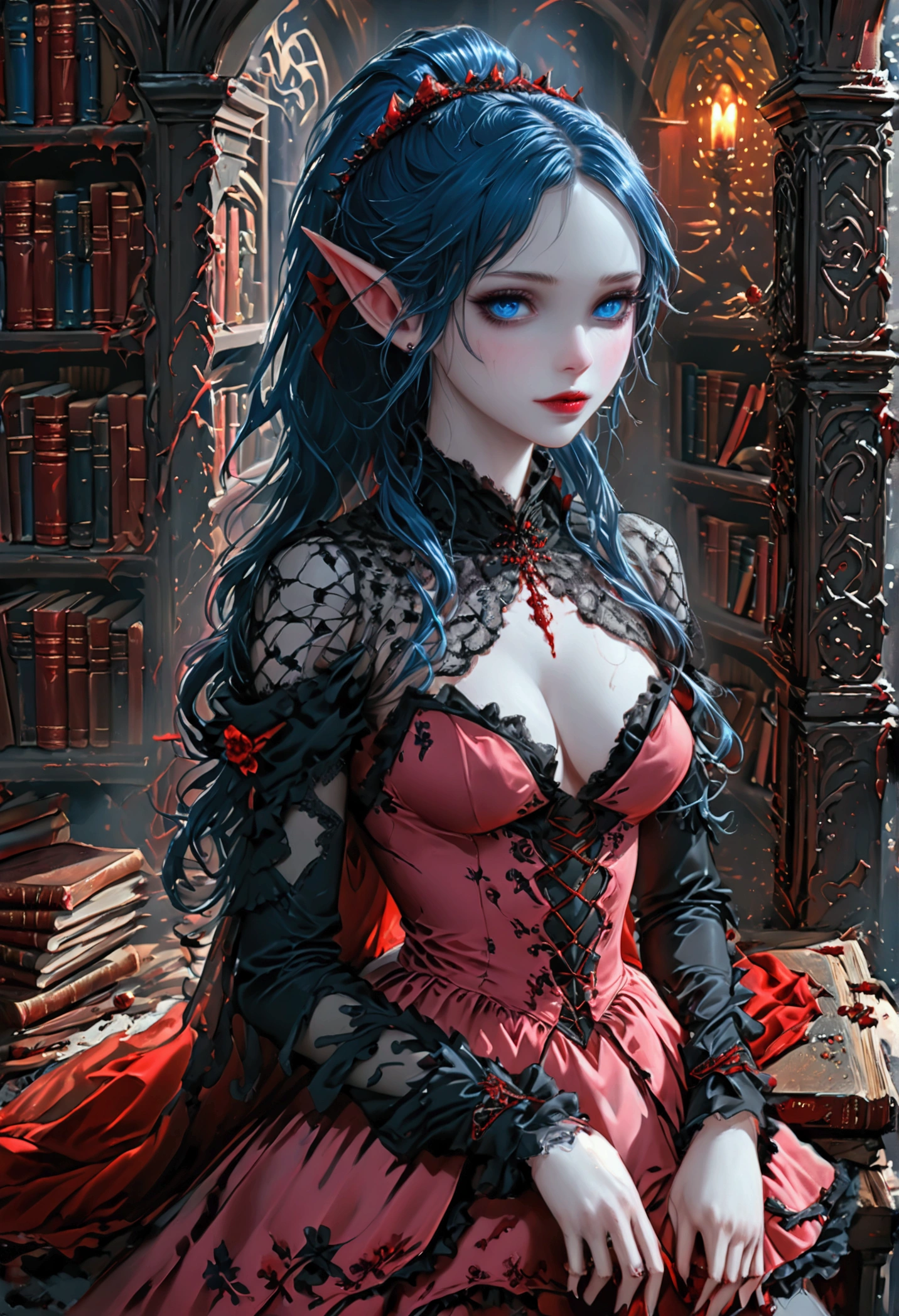 arafed a picture of elf vampire in her castle. an exquisite beautiful, busty, female elf vampire (ultra details, Masterpiece, best quality), full body, ((anatomically correct: 1.5) bloody mouth, black and blue hair, pale skin, hair in a ponytail, long hair, blue eyes, (small pointed ears: 1.2), cold eyes, smirking, wearing pink dress (ultra details, Masterpiece, best quality), red cloak, wearing high heels, in dark fantasy library, book shelves, vibrant, Ultra-high resolution, High Contrast, (masterpiece:1.5), highest quality, Best aesthetics), best details, best quality, highres, ultra wide angle, 16k, [ultra detailed], masterpiece, best quality, (extremely detailed) RAW, dark fantasy art, gothic art, wearing Haute_Couture designer dress, Dark Novel, Dark Art Painting Style, dripping blood, hud_s1n, short black dress, long sleeves, veil, thighhighs, digital painting, Bloodborne