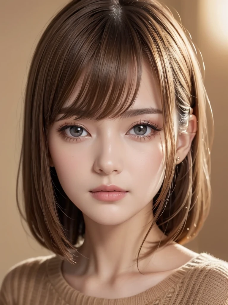 Bust up images, Highest quality, Super Fine, 16K, Incredibly absurd, Very detailed, Golden Ratio, Beautiful woman, Beautiful and realistic round face, Captivating look, Beautiful light brown straight medium hair, Beautiful hairstyle, Beautiful and realistic eyes, Beautiful and realistic skin, Wearing a loose beige sweater, Background room、Bulb included、Ultra warm white